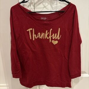 Red Long Sleeve Top with Gold Glitter Thankful Print